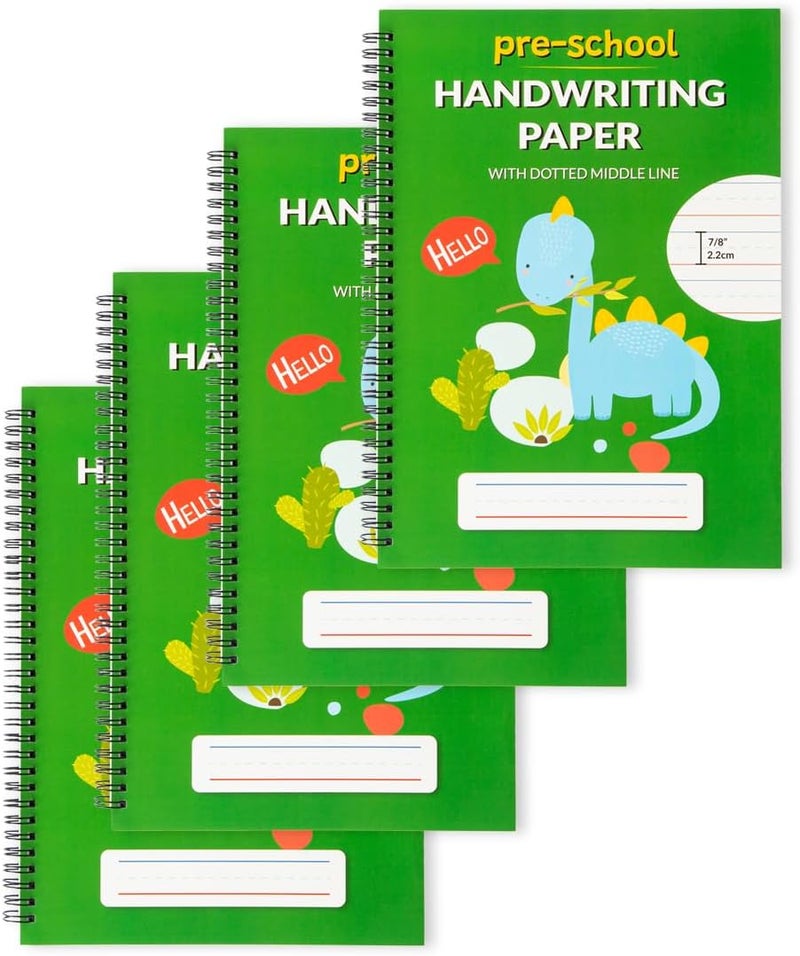 Learning Owl A4 Lined Handwriting Practice Notebook for Kids – Dotted Midline, Spiral Bind, Pre-K, Kindergarten, 100 Thick Pages (4, Green Dino) - Image 1